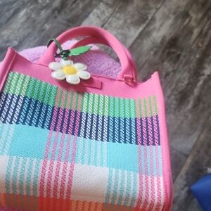 Kate Spade Pink Multicolor Woven Tote with Kate Spade Daisy Charm